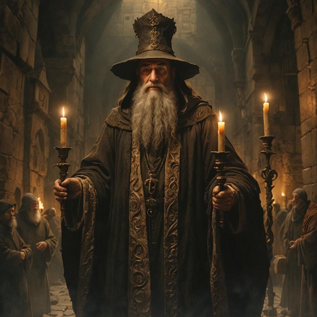 Rabbi Yehudah ben Betzalel Loew, poses in front of his Golem in 16th century Prague, a wise and bearded man, wearing rab...