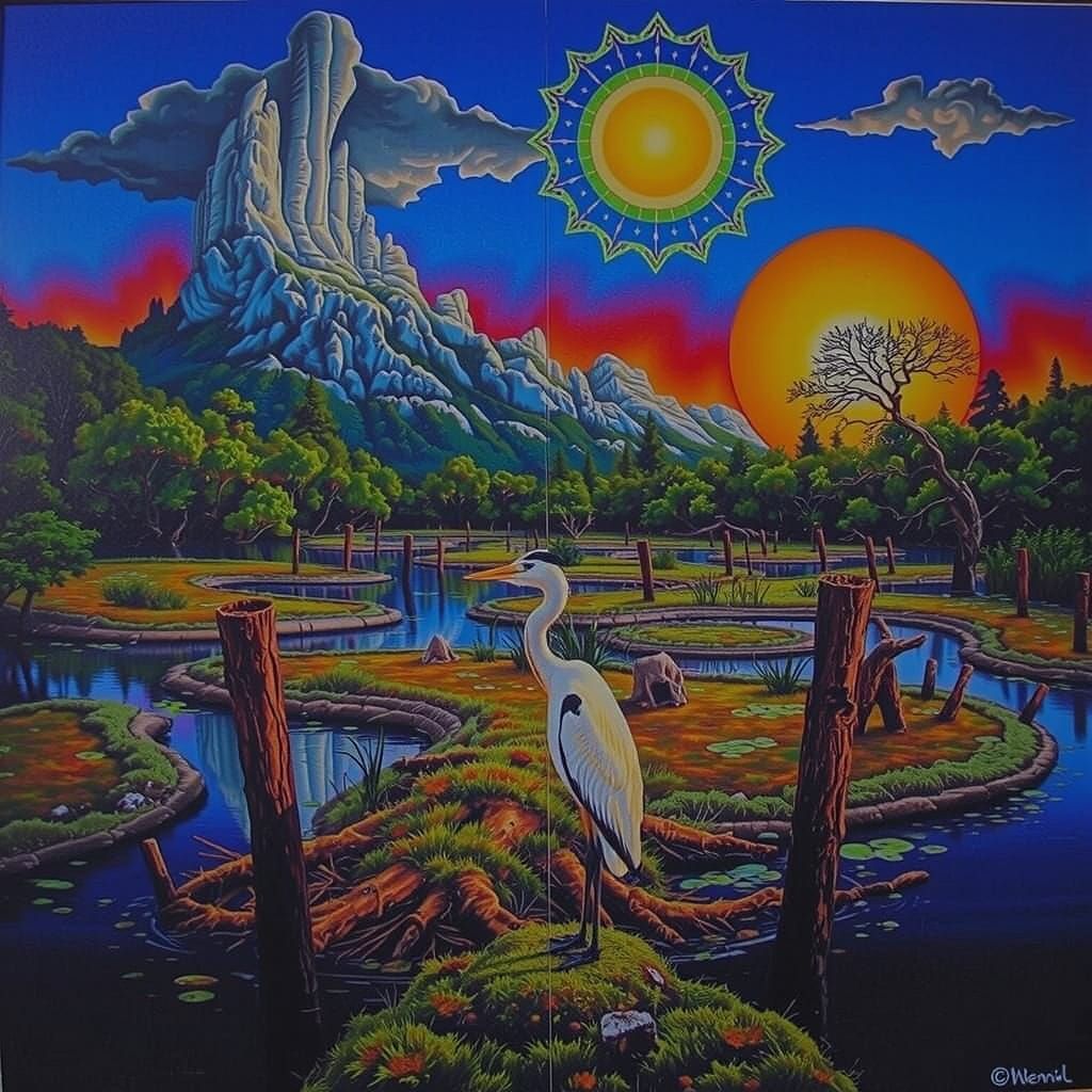 Dreamlike River Delta at Sunset with Heron