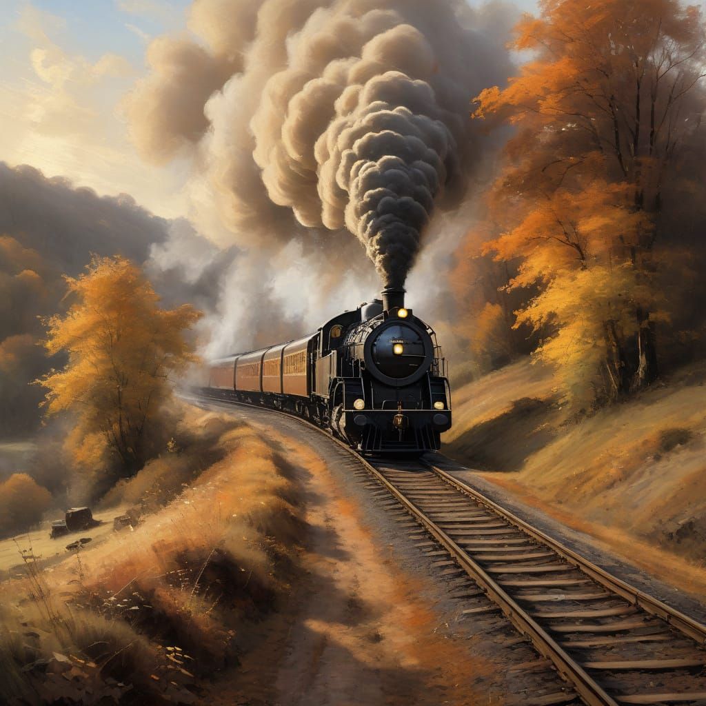 Steam Locomotive in Autumn Landscape Charcoal Art