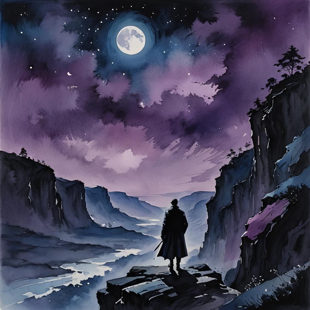 Figure at Cliff Edge in Ink Painting Style