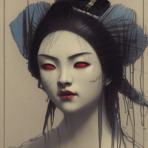 Horror Geisha Close-up in Gothic Art Style