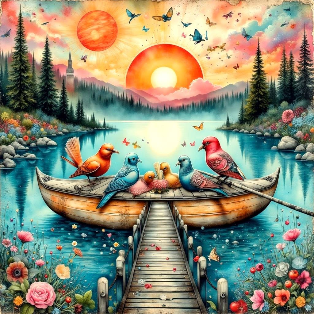 Surreal Birds Nesting in Fruit Boxes Collage