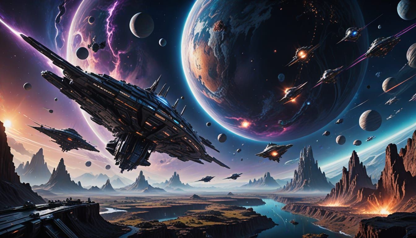 Futuristic Battle Station Orbiting Alien Planet