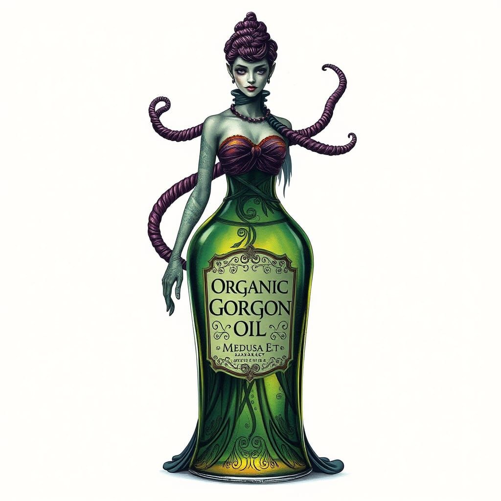 Elegant Bottle Woman with Gorgon Oil Label in Vibrant Cyberp...