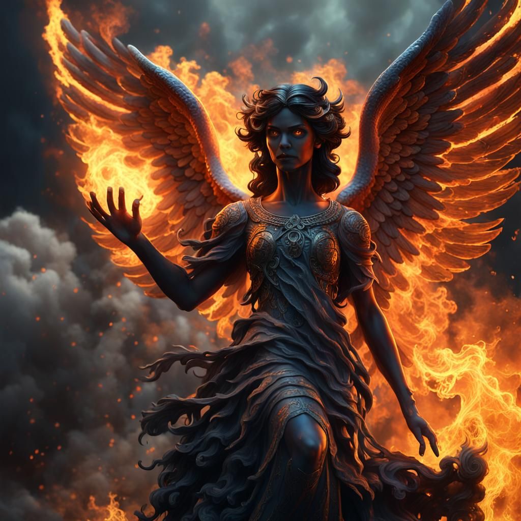 Onyx Angel Statue in Flames: Fantasy Concept Art