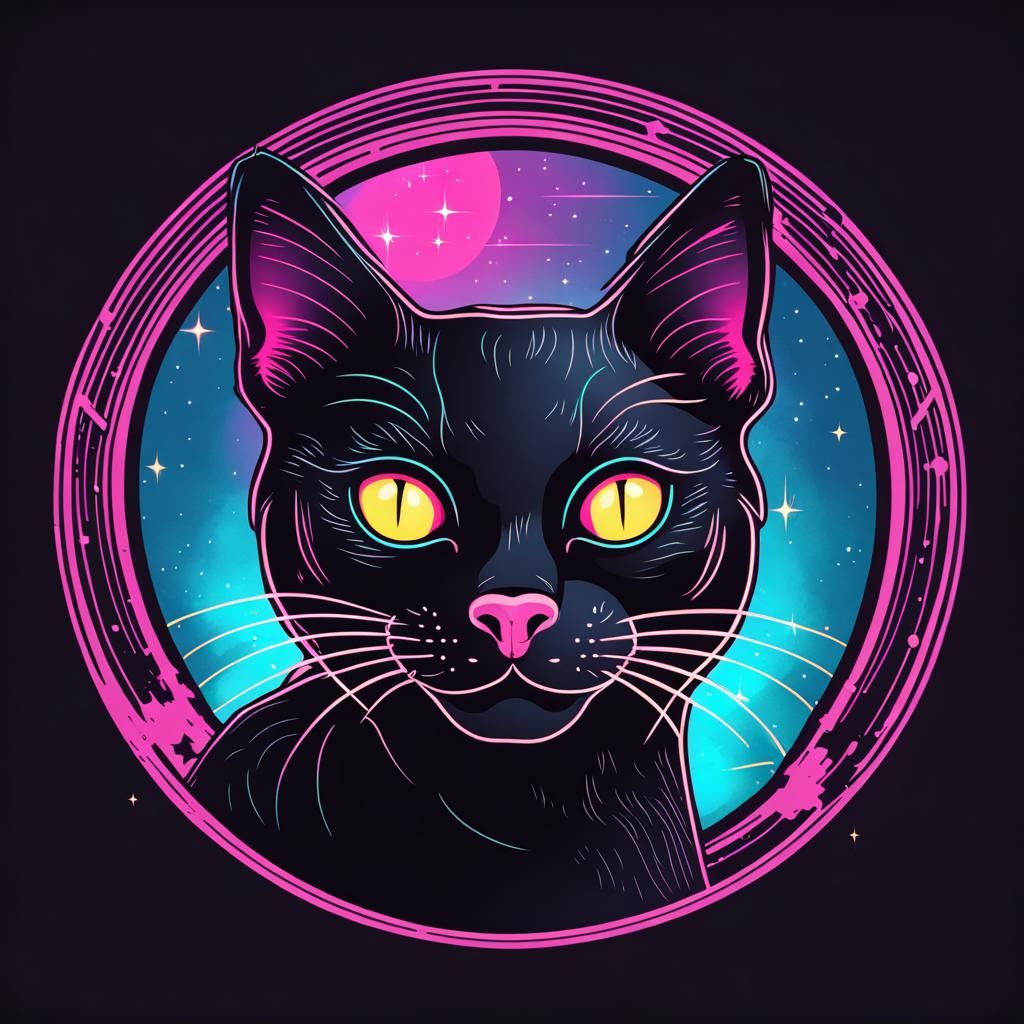Celestial Black Cat Clipart in Retro Cartoon Style