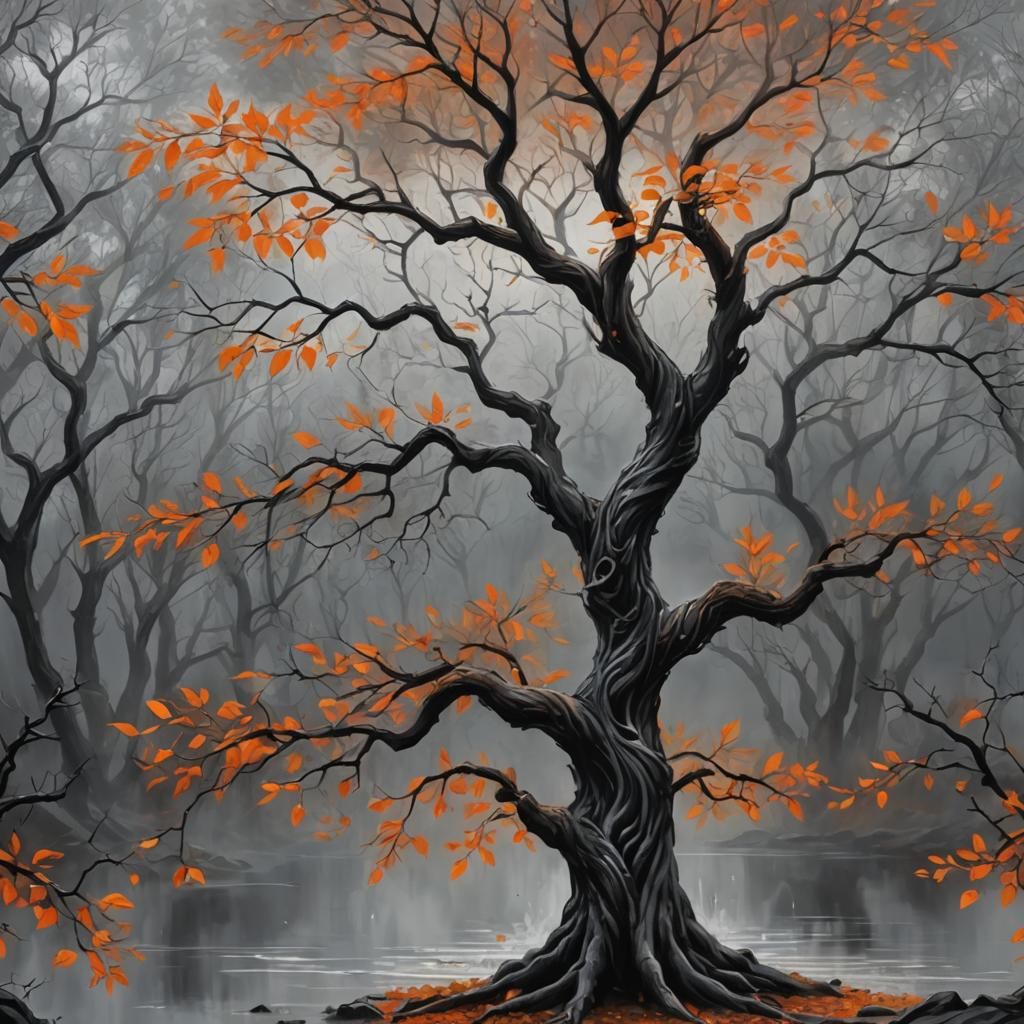 Fantasy Tree with Orange Leaves in Digital Oil Painting