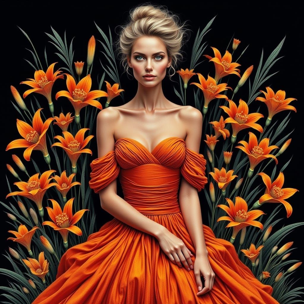 Woman in Orange Dress with Burning Physalis