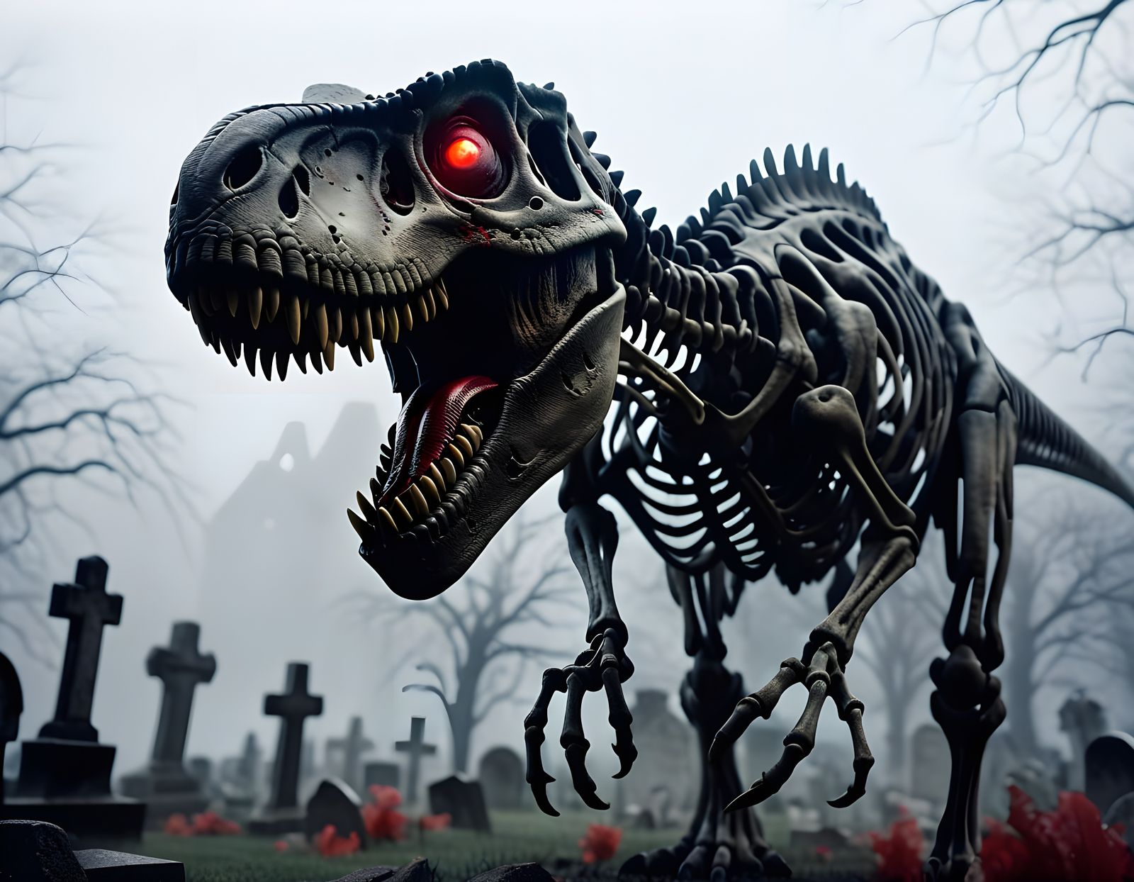 Gothic T-Rex Skeleton Unleashes Terror in Foggy Cemetery