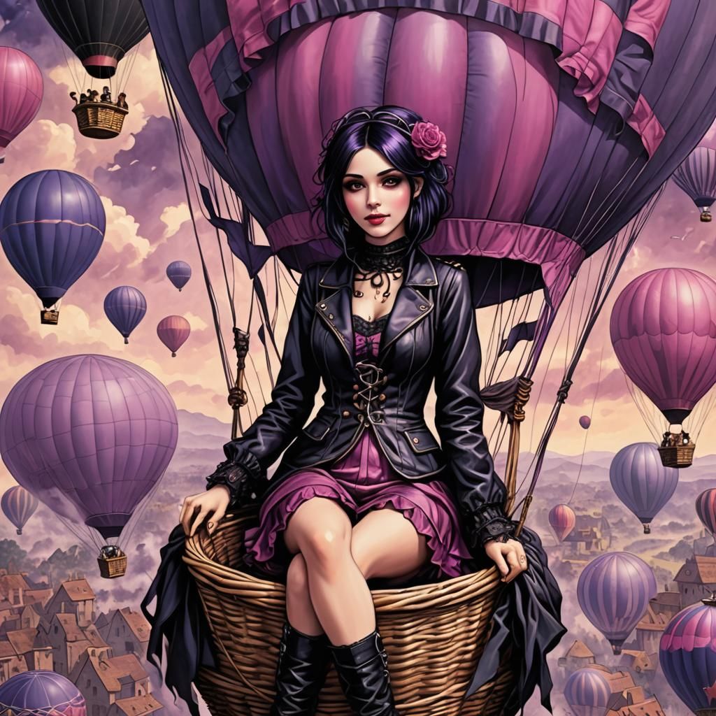 Goth Woman in Hot Air Balloon, Detailed Fantasy Art