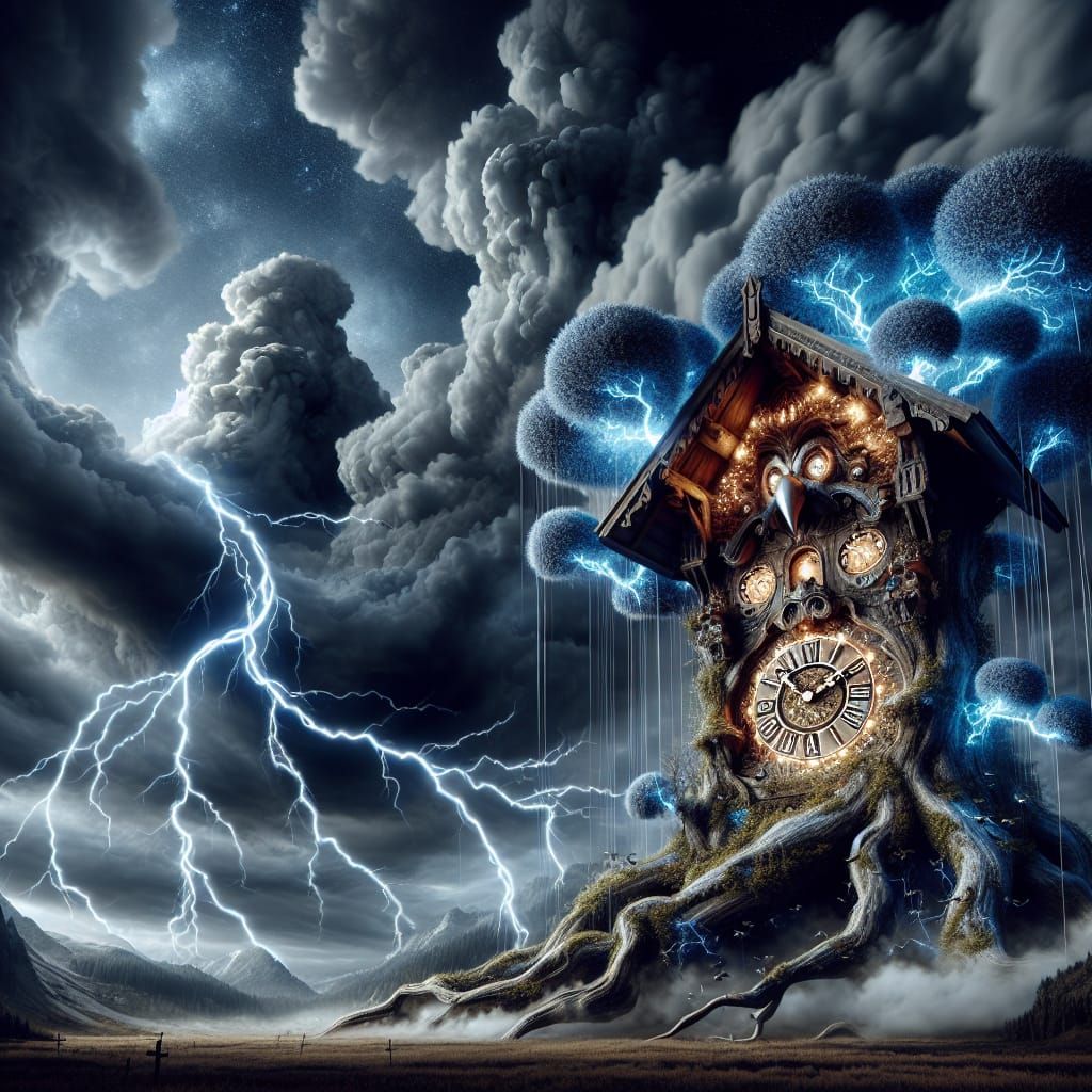 Cuckoo Clock Tree Under Stormy Sky in Maximalist Style