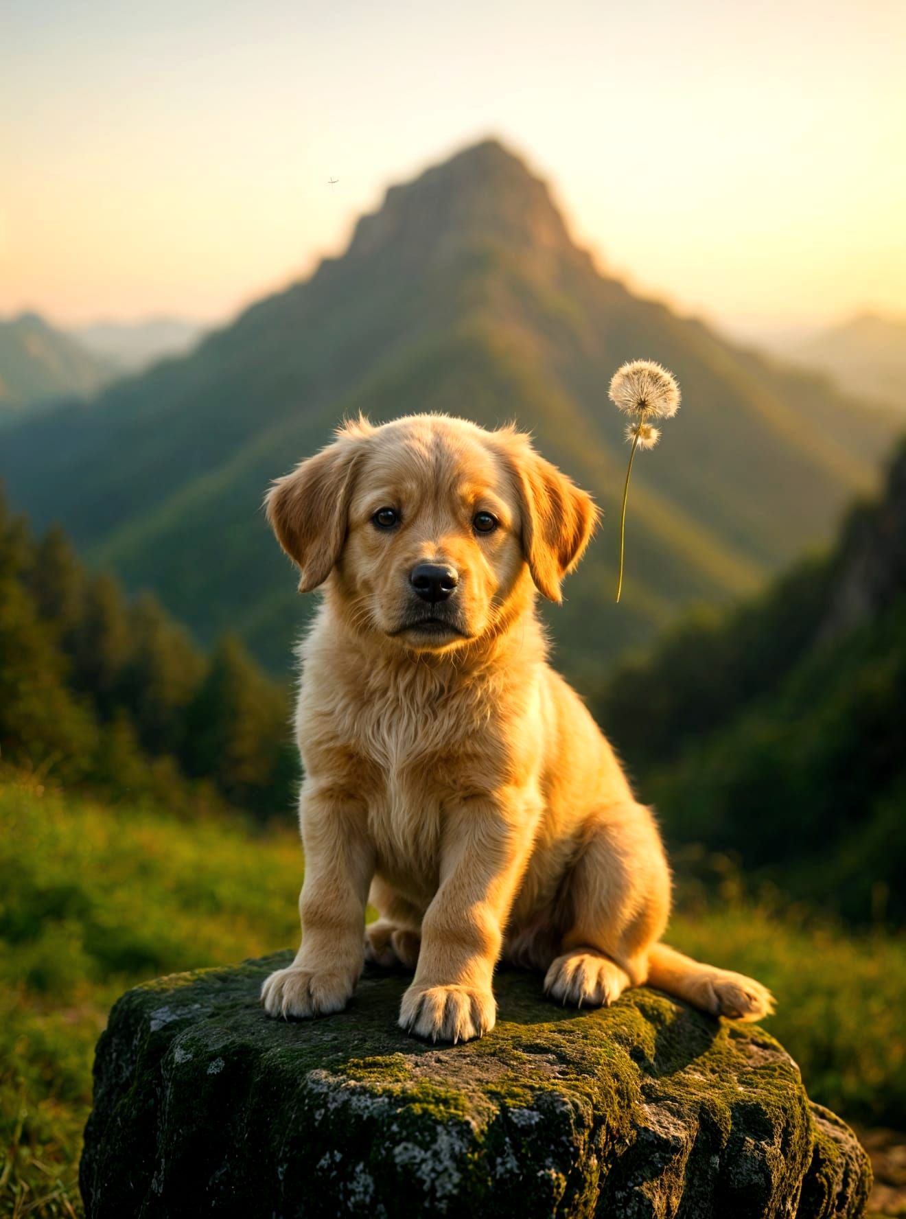 Golden Retriever King Surveys Misty Kingdom at Sunset