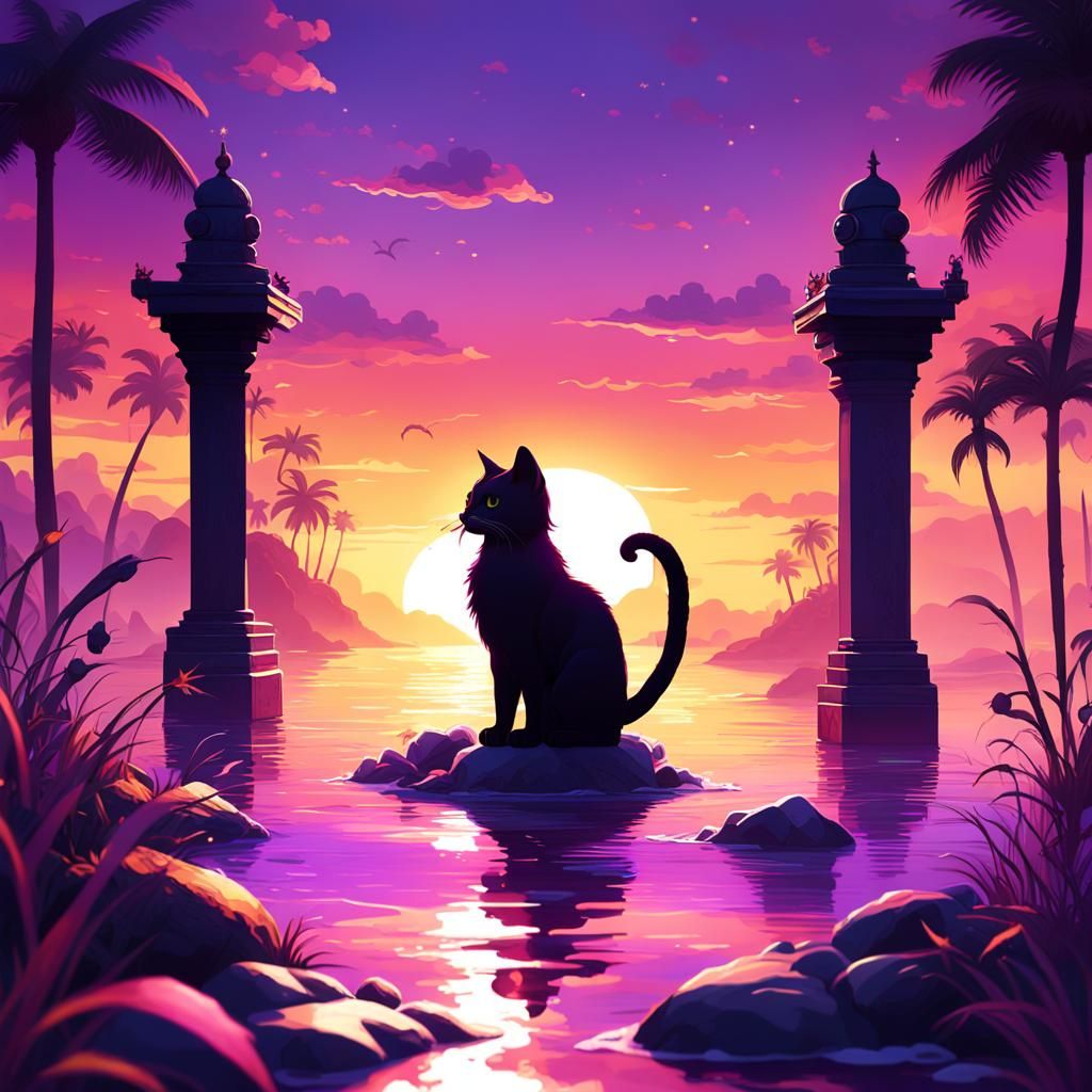 Kitty Cat Silhouette at Purple Sunset