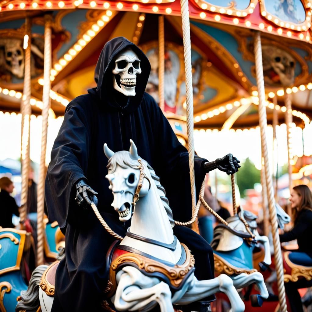 Grim Reaper riding a carousel at a fair with smiling and laughing people
