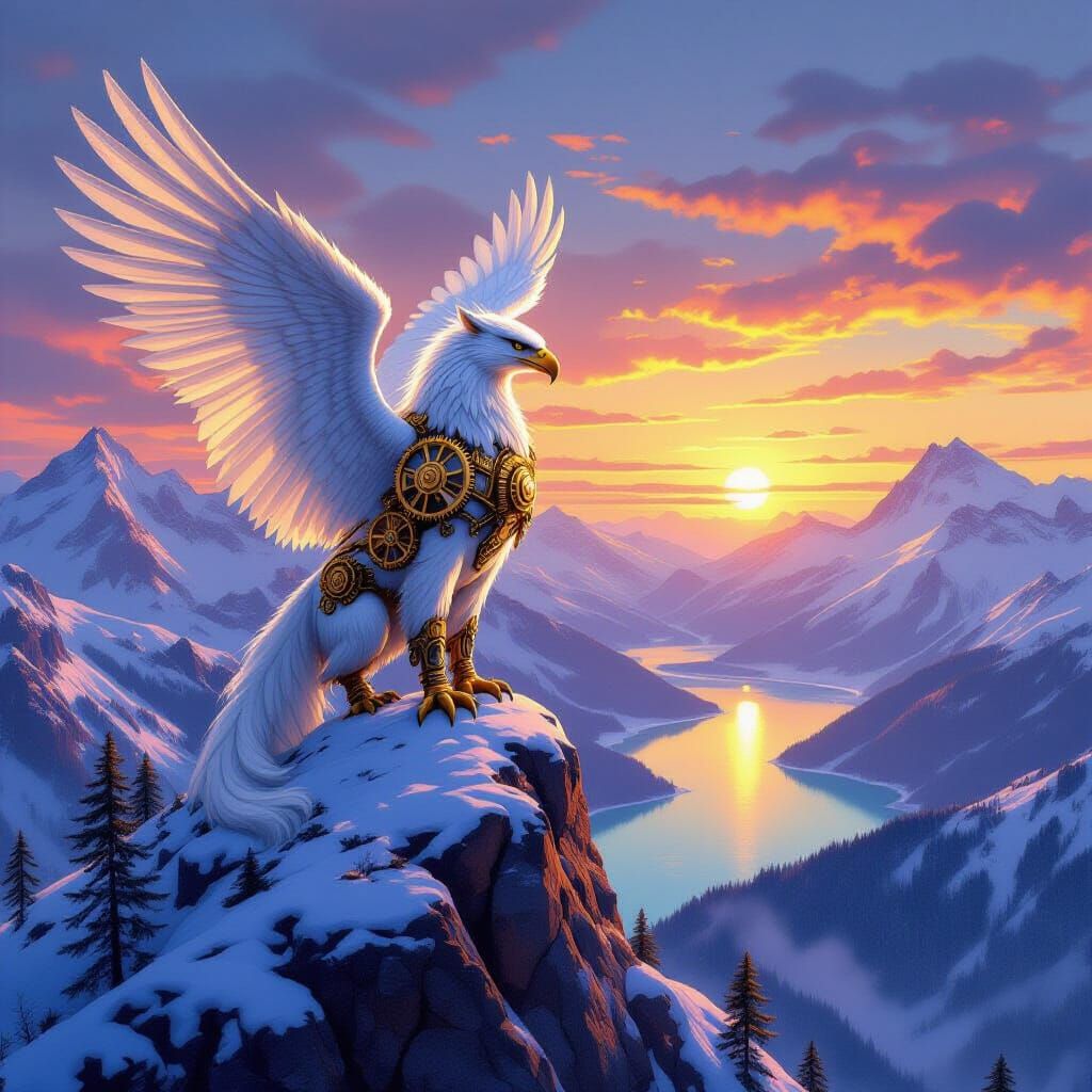 Clockwork Griffin on Mountain Peak at Sunrise