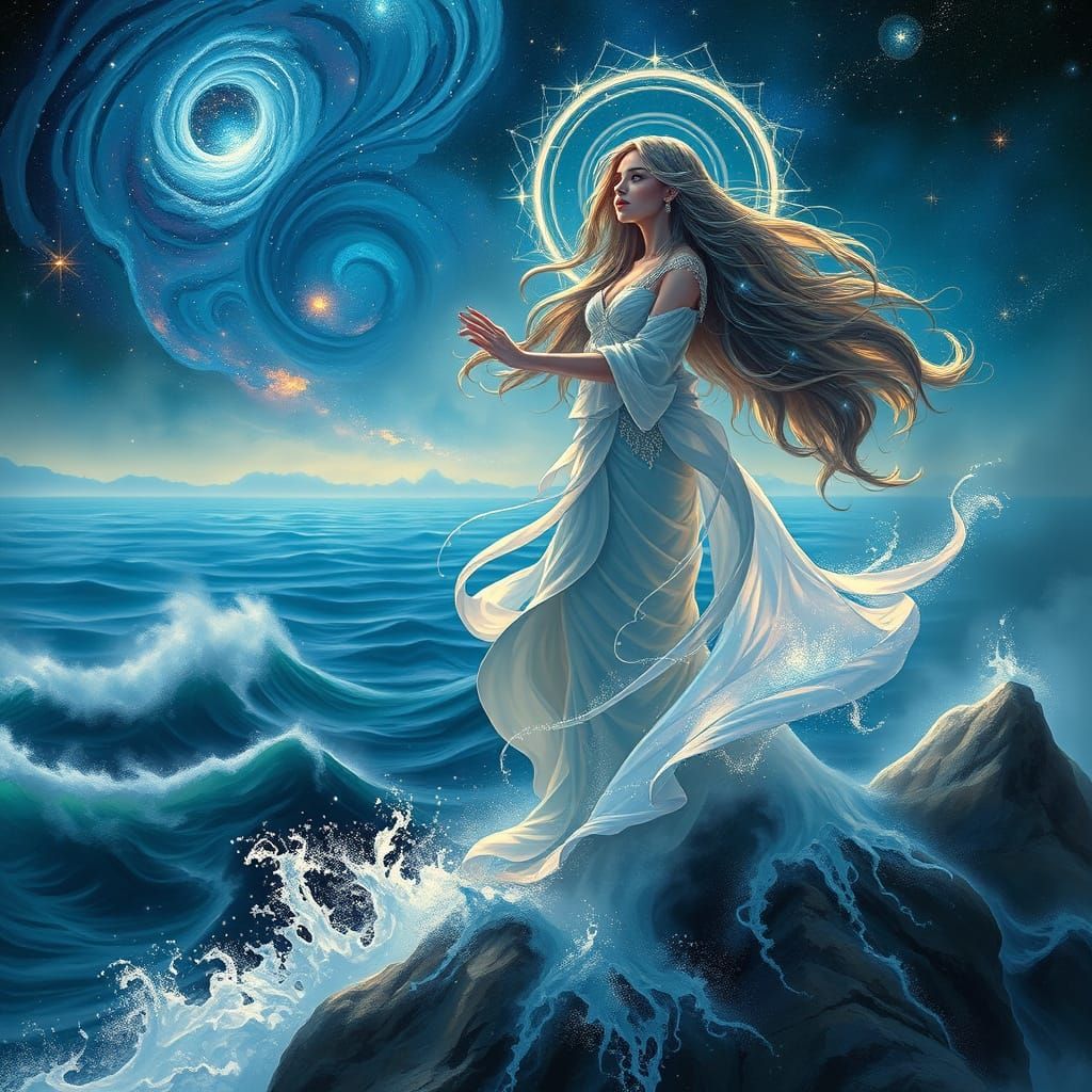 Majestic Cosmic Goddess Surrounded by Celestial Elements