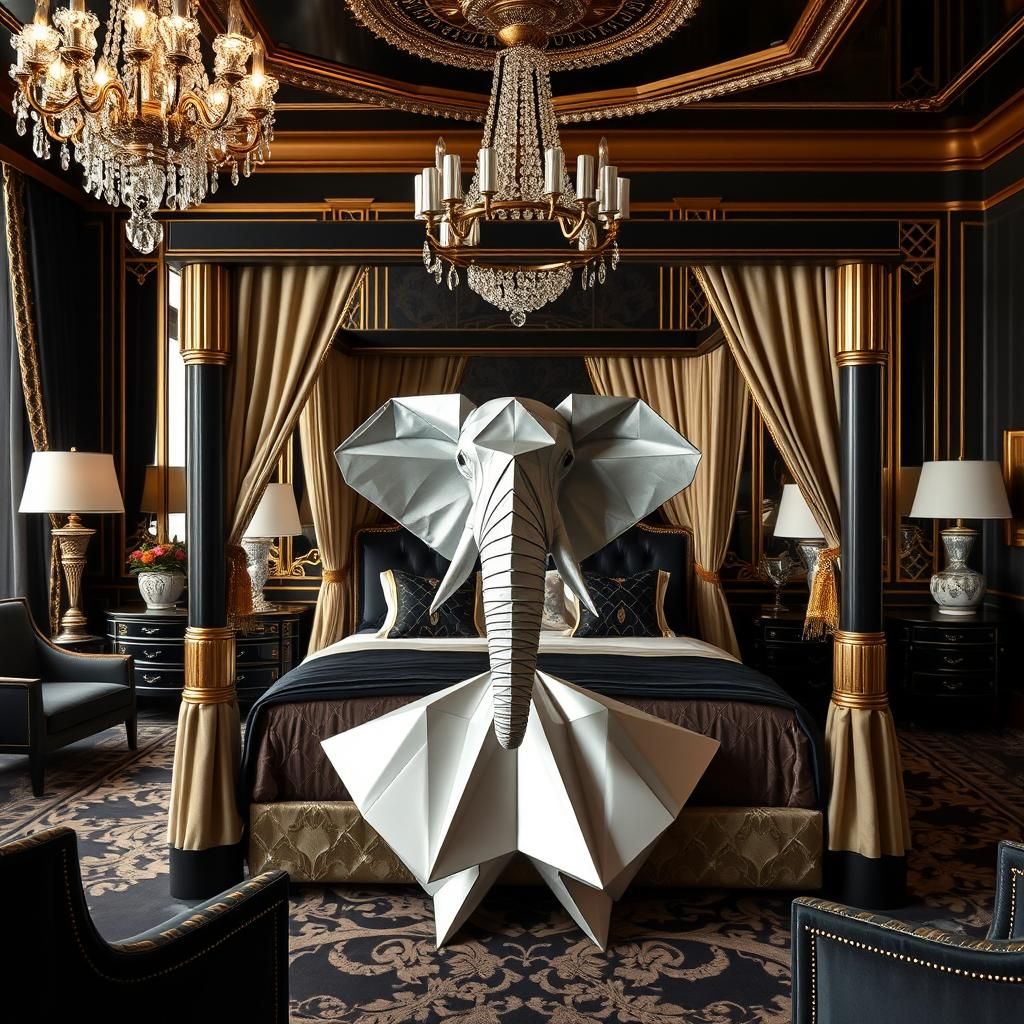 A luxurious Art Deco bedroom in the style of Tamara de Lempi...