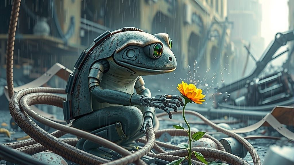 Mechanical Frog in Reverent Contemplation Amidst Post-Apocal...