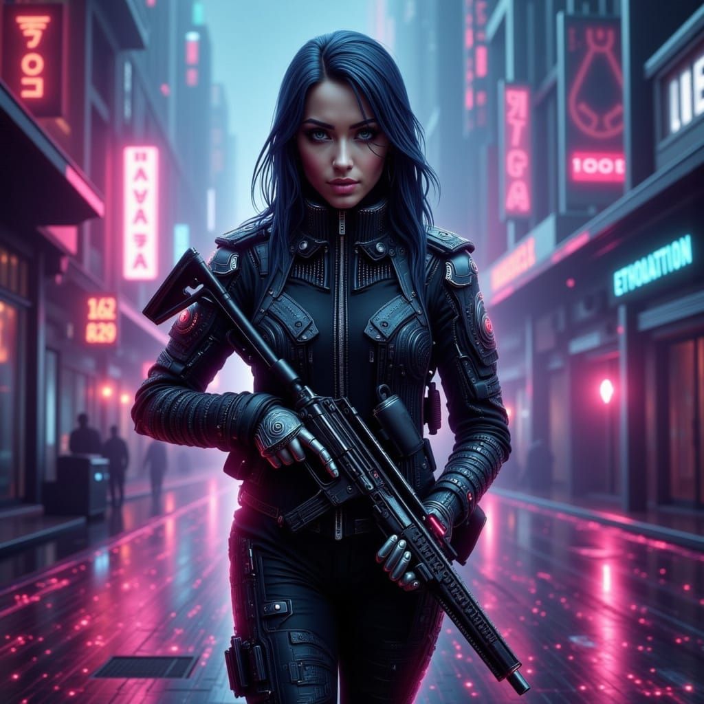 Cyberpunk Woman in Binary Code Cityscape