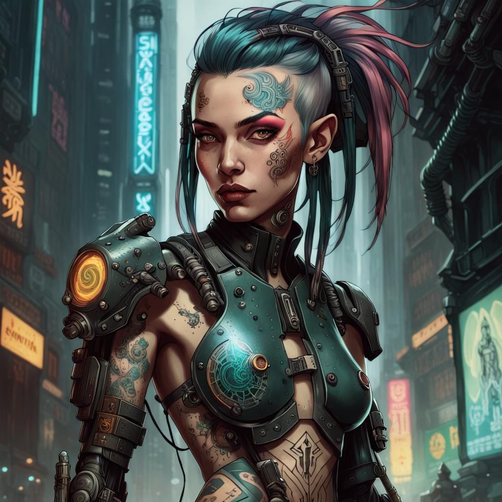 Cyberpunk Elf Warrior in Dieselpunk Cityscape