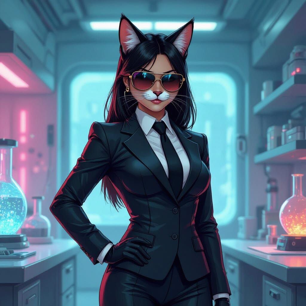 Bobcat Agent in High-Tech Lab: Vibrant Digital Art