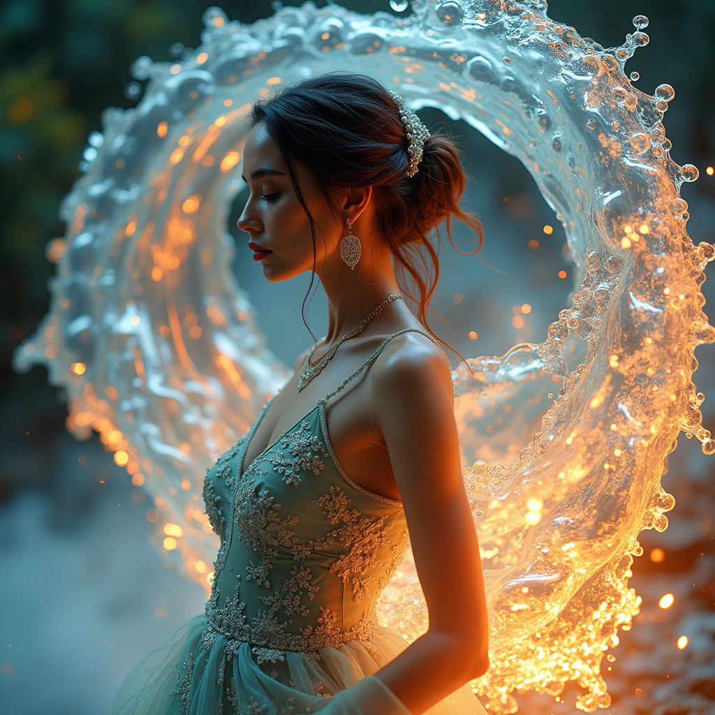 Elegant Spanish Woman in Holographic Waterscape