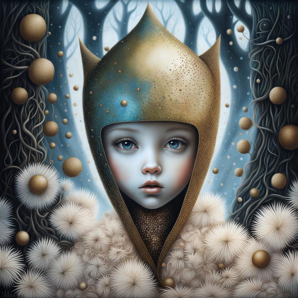 Girl in Twigs Artwork with Swirling Confetti