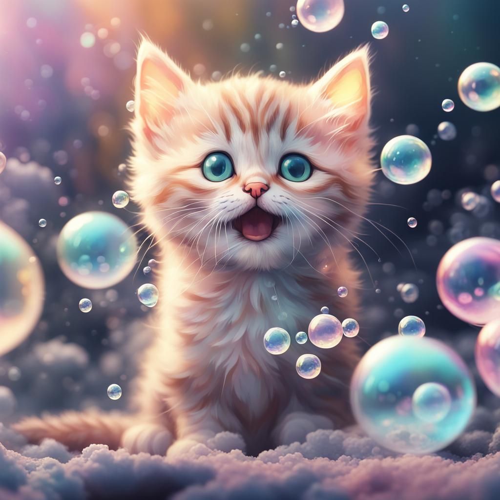 Pastel Kitten in Bubble World Watercolor