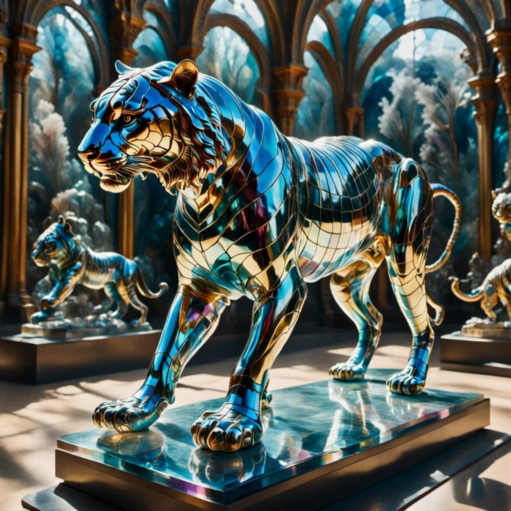 Iridescent Tiger Statue in Modern Art Museum
