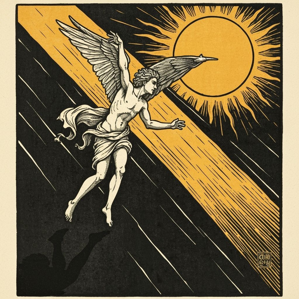 Icarus Ascends to the Sun in Bold Woodcut Style