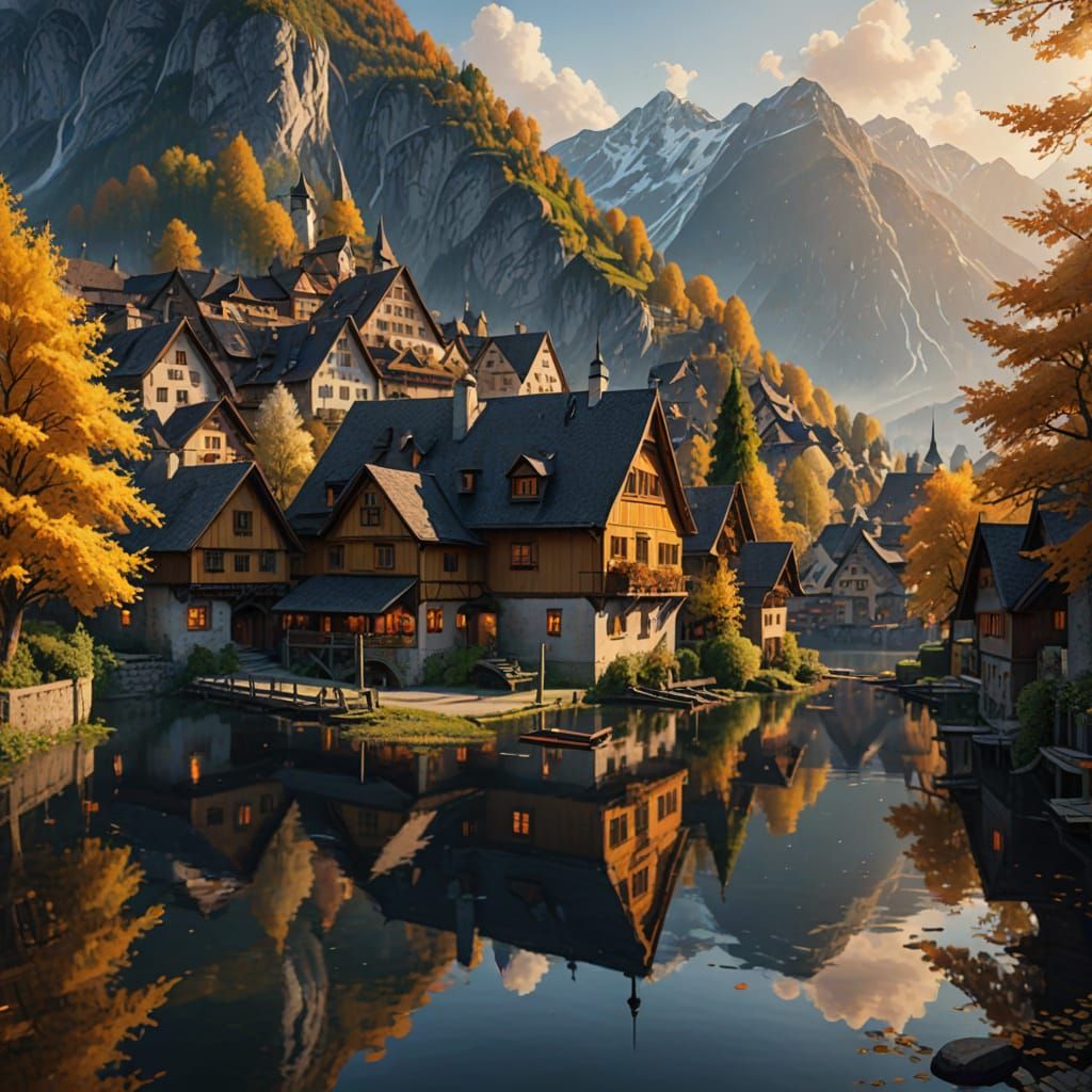 Hallstatt Lake: Golden Hour Glow in Misty Autumn