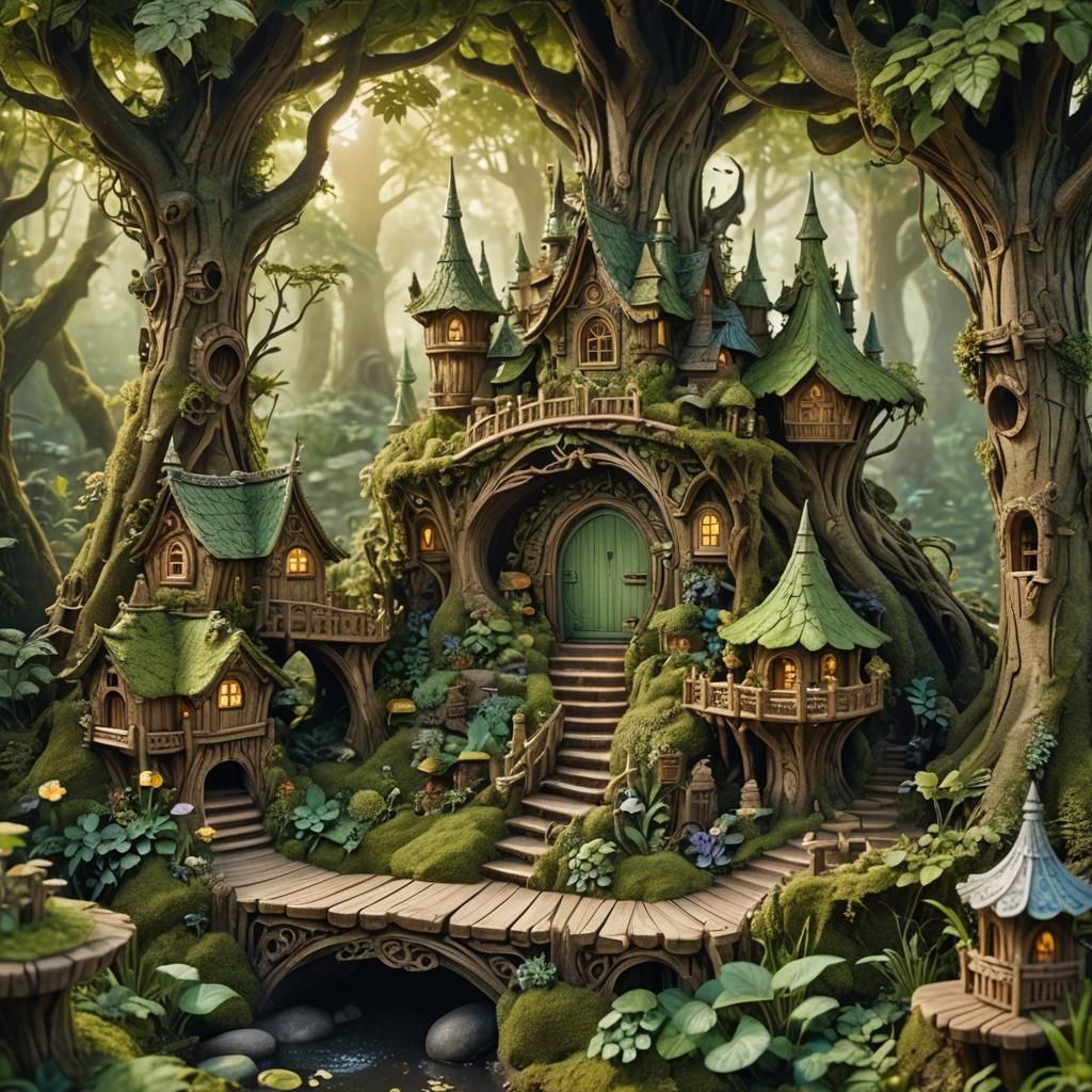 Enchanting Wood Carved Fairy Village in Forest