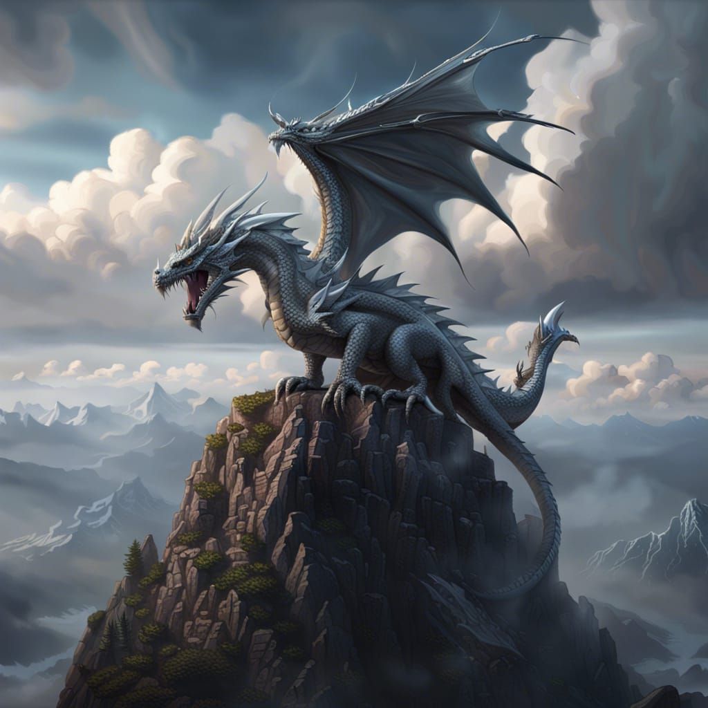Majestic Silver Dragon on Mountaintop, Fantasy Art