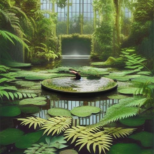 Elegant Lily Pond with Ferns in Art Nouveau Style