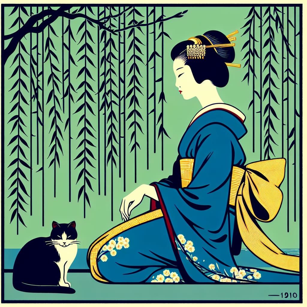 Art Deco Japanese Woman in Ukiyo-e Style