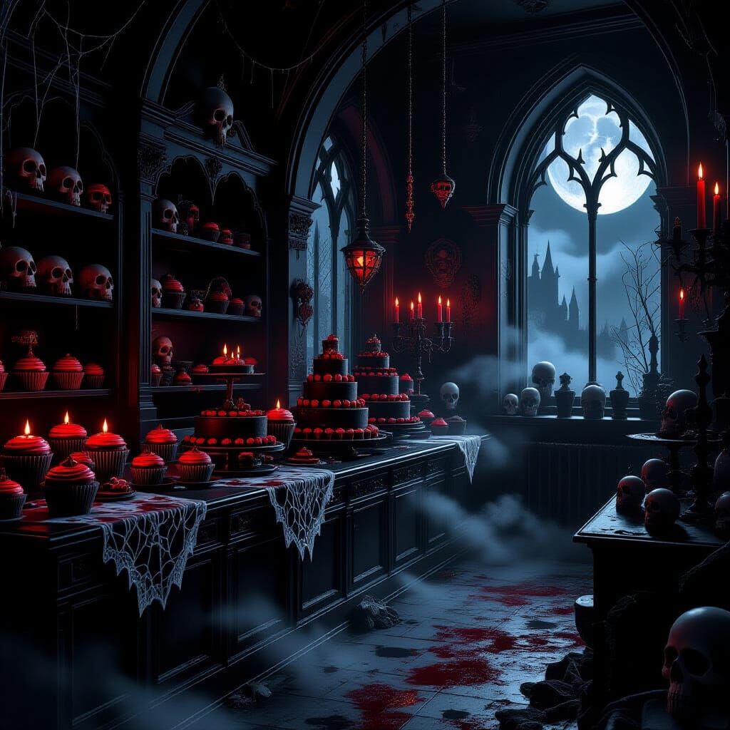 Gothic Bakery with Sinister Sweets in Crimson and Black