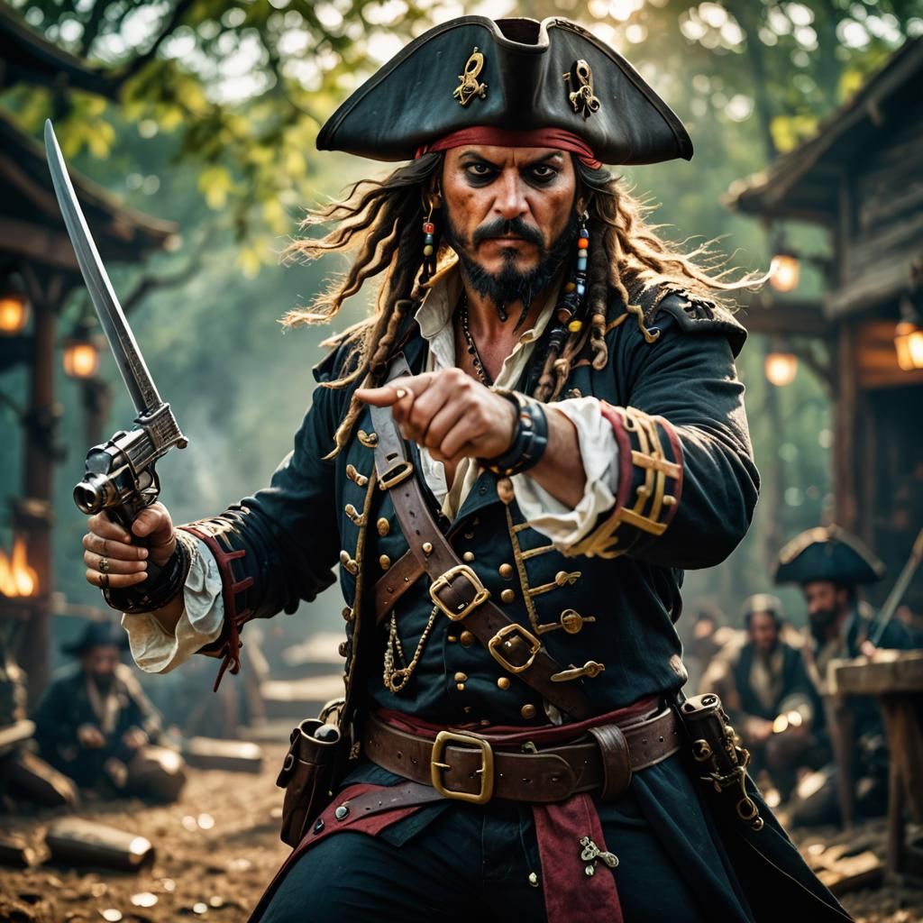 Dramatic Pirate Action Pose in Film Style
