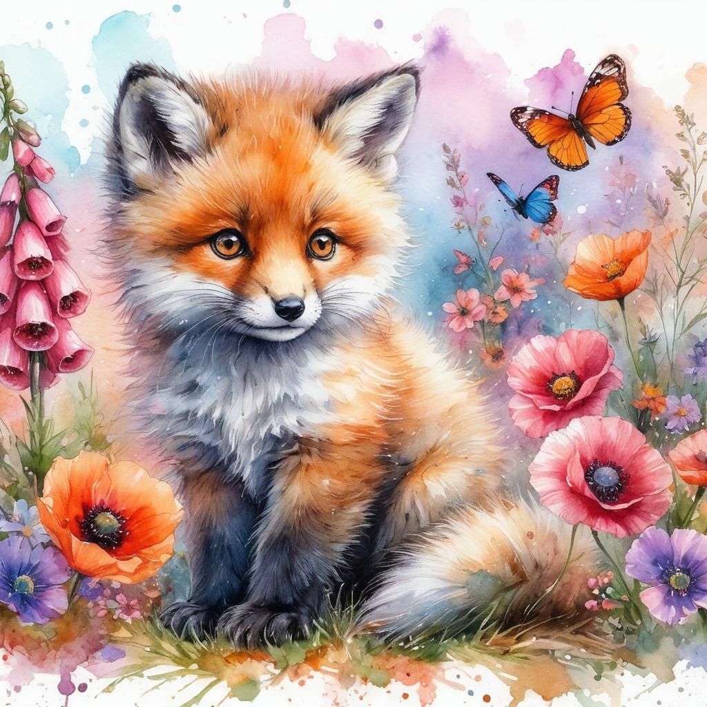 Fox Cub Sitting Among Flowers in Watercolor