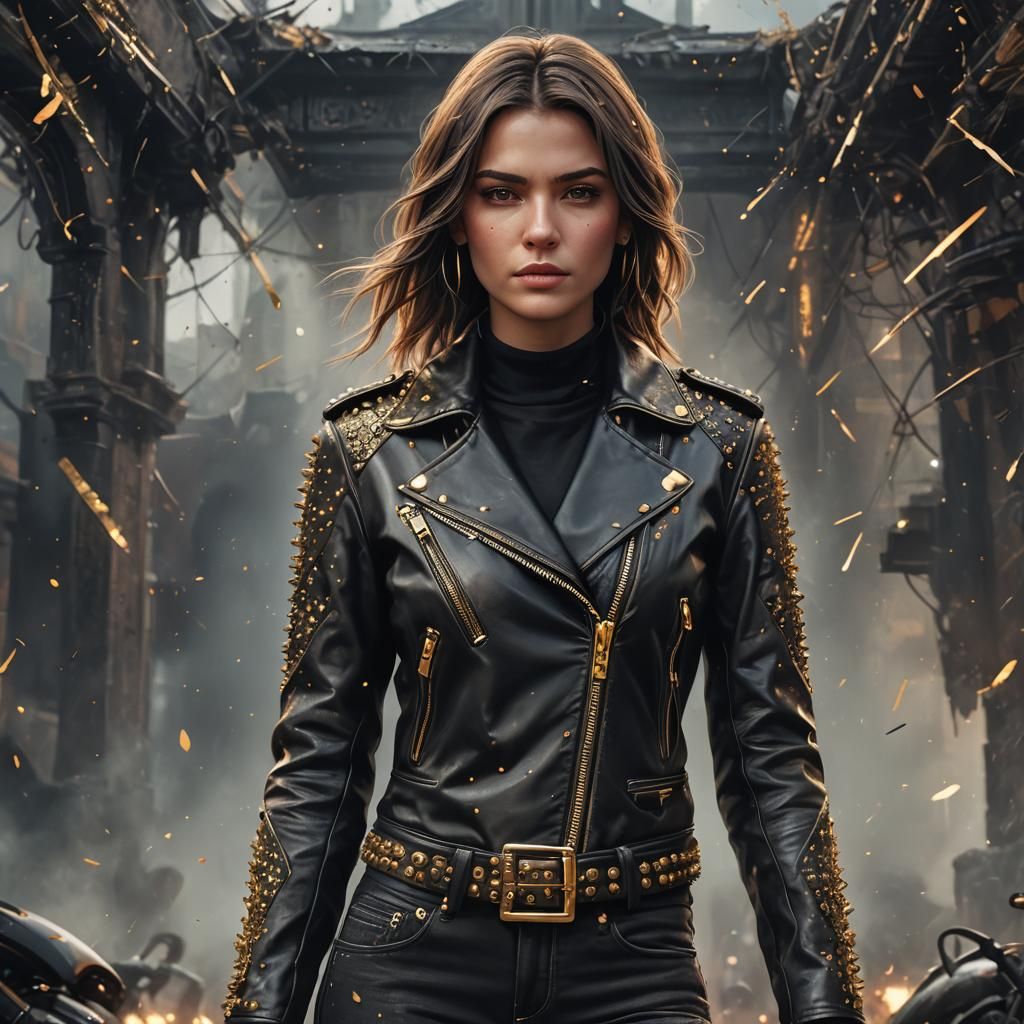 woman with black leather jacket with gold studs