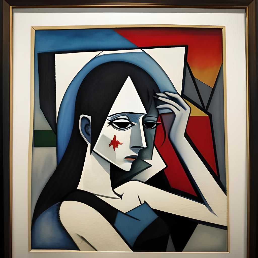 Abstract Cubism Portrait of a Weeping Woman in Watercolor