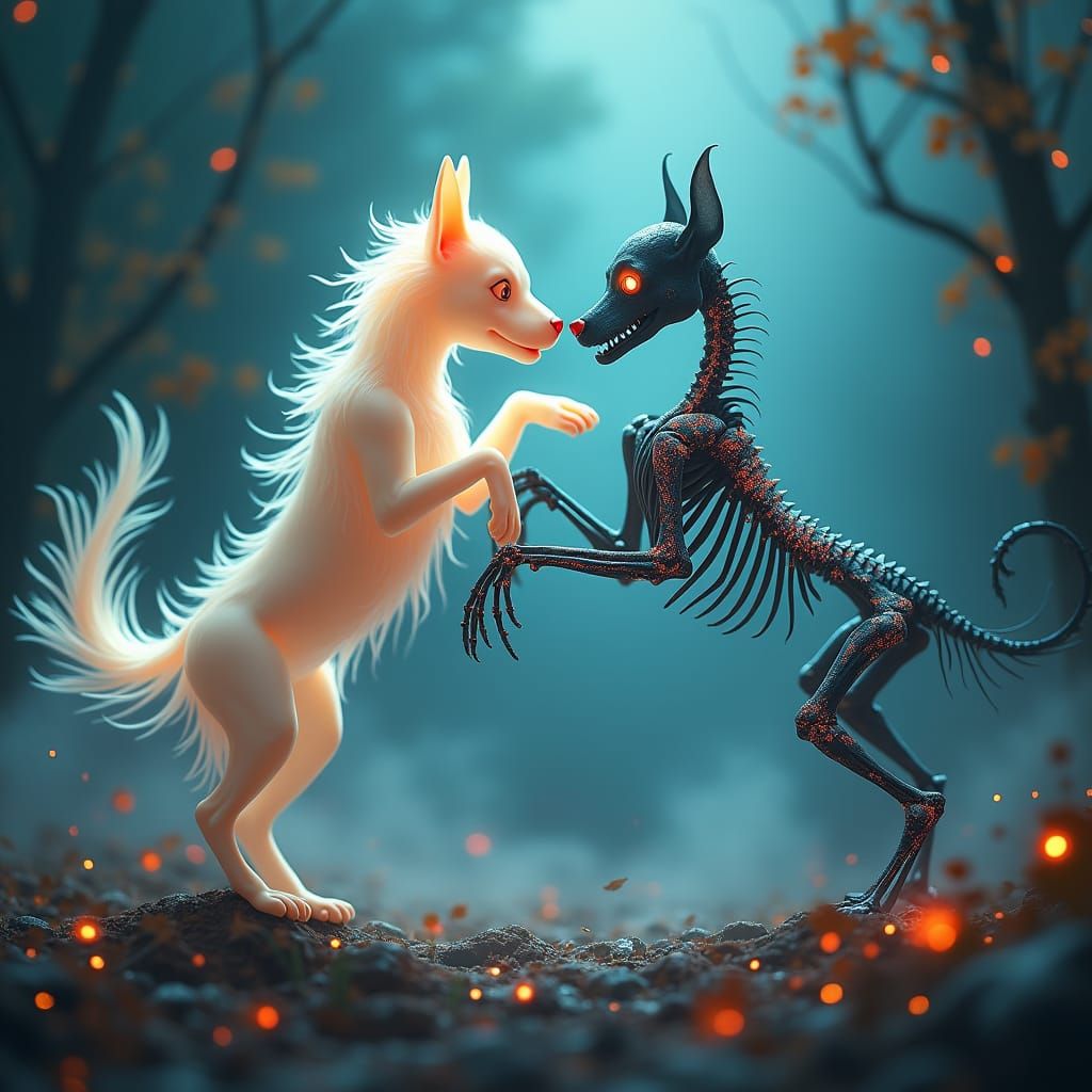 Ethereal Canine Play-Fight in Dreamlike Environment