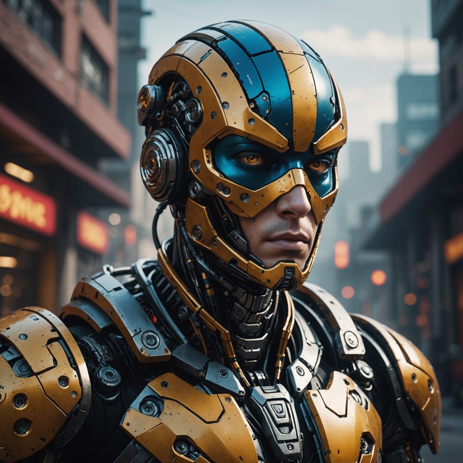 Athlete: Human and Robot Face in Detailed Matte Painting