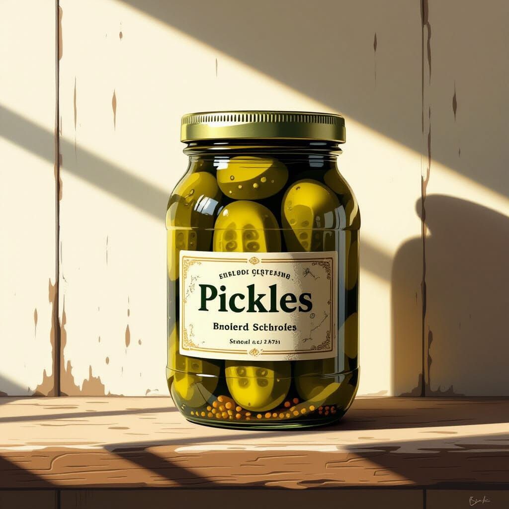 Hyperrealistic Pickles on Dusty Shelf with Soft Lighting