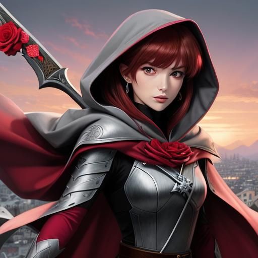 Anime Girl with Swords and Rose Cape