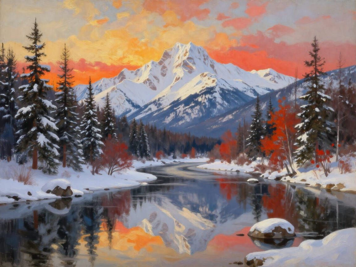 Serene Mountain Reflection Oil Painting at Sunset