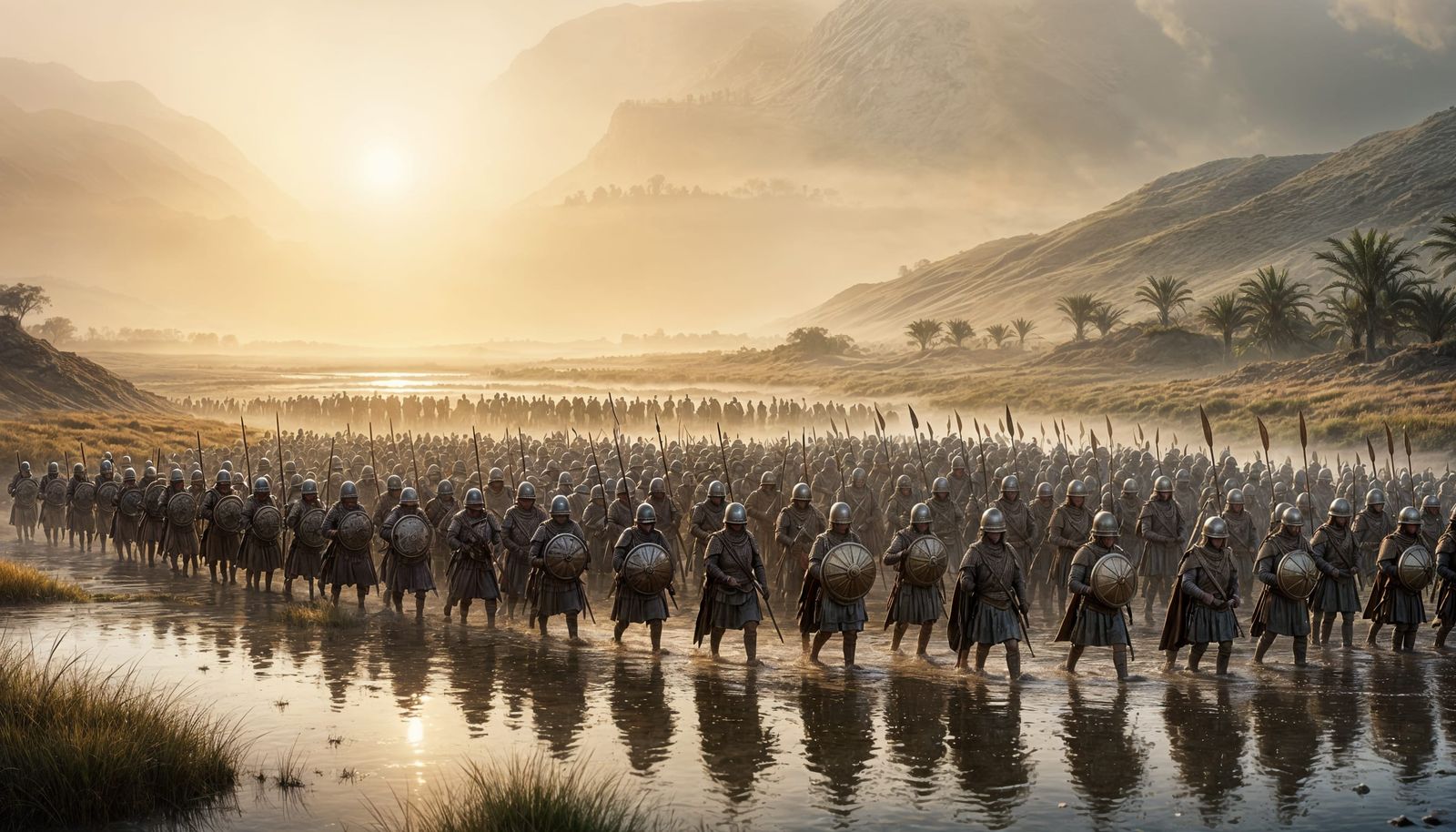 Hittite Army Marches Through Marsh at Dawn