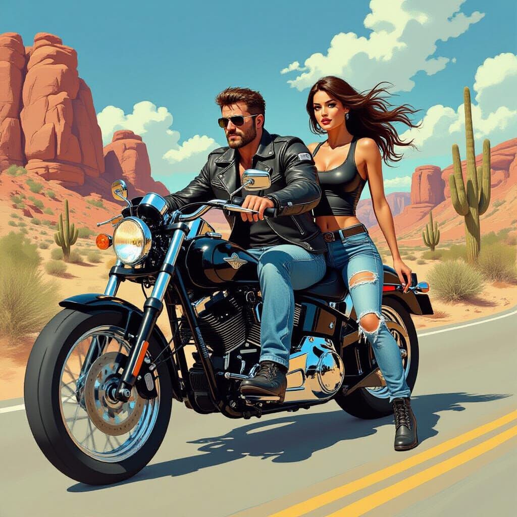 Motorcycle Ride Through Desert in Comic Book Style