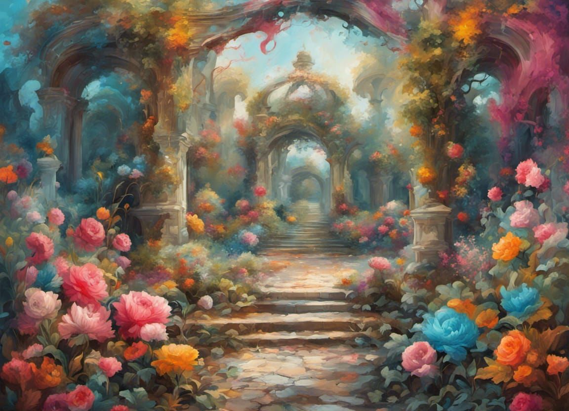 Rococo Garden with Graffiti Elements in Oil Gouache