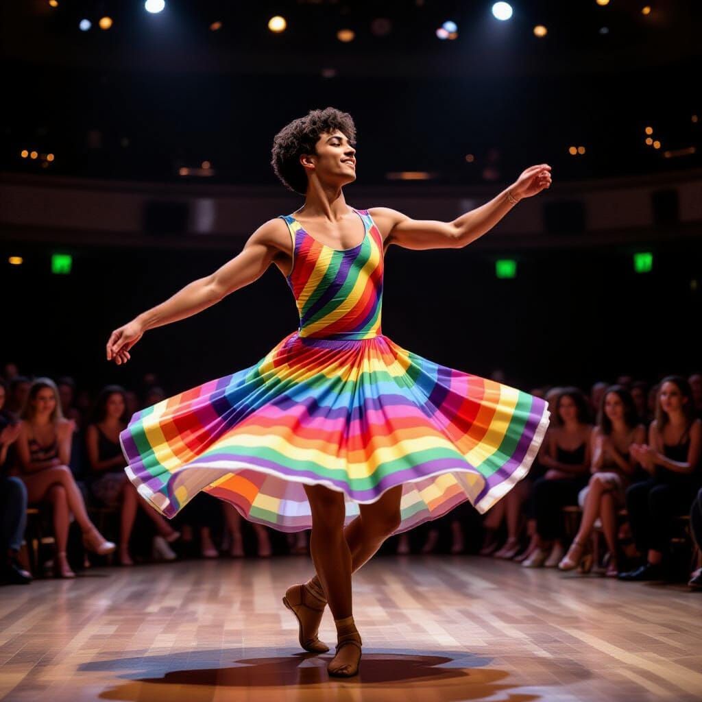 Man Dances Confidently in Rainbow Dress