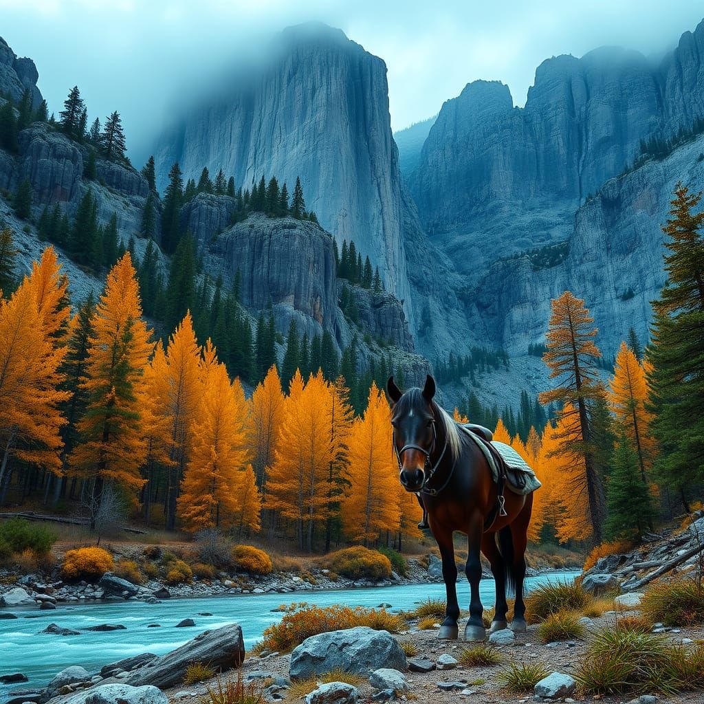 Ethereal Mule Encounter in a Majestic Alpine Landscape